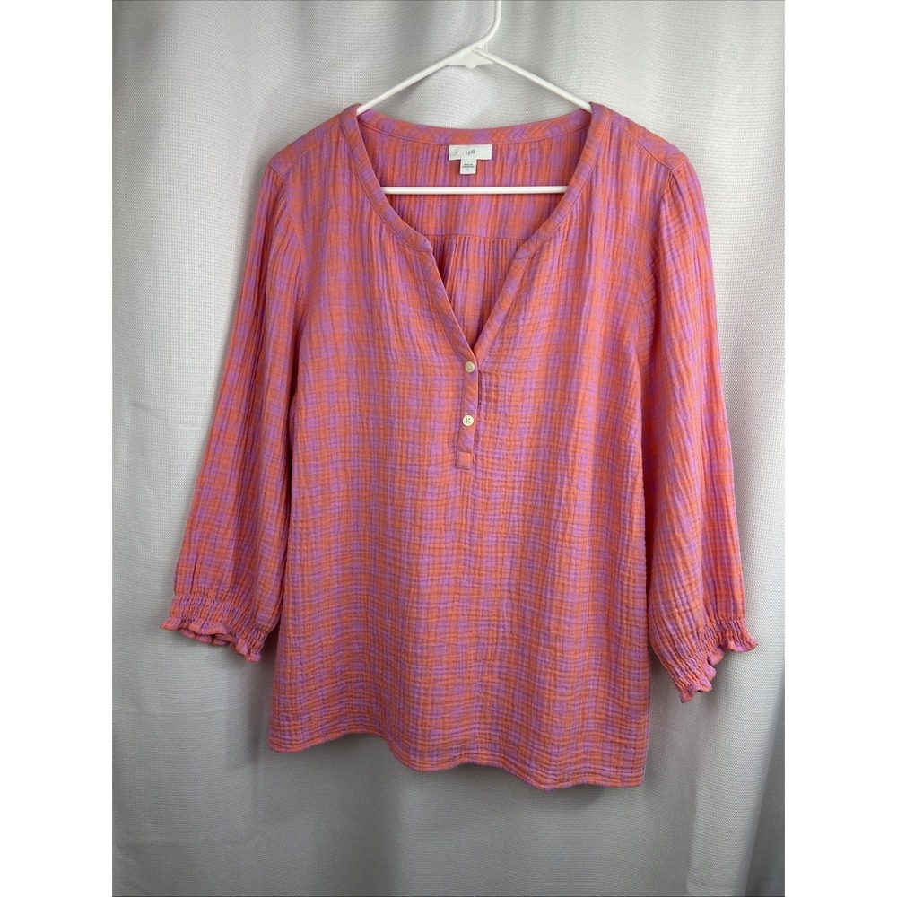 J.Jill Blouse Womens L Pink Orange Gingham Checked Peasant Cotton Gauze Henley
